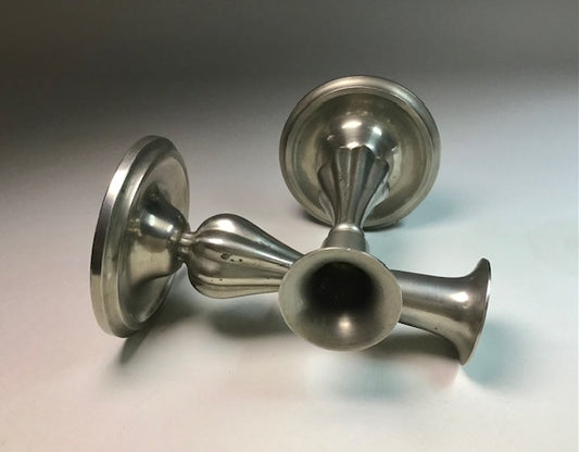 A Pair, of Art Deco Sylvia Stave Candlesticks Pewter, CG Hallberg (Sweden, 1940)