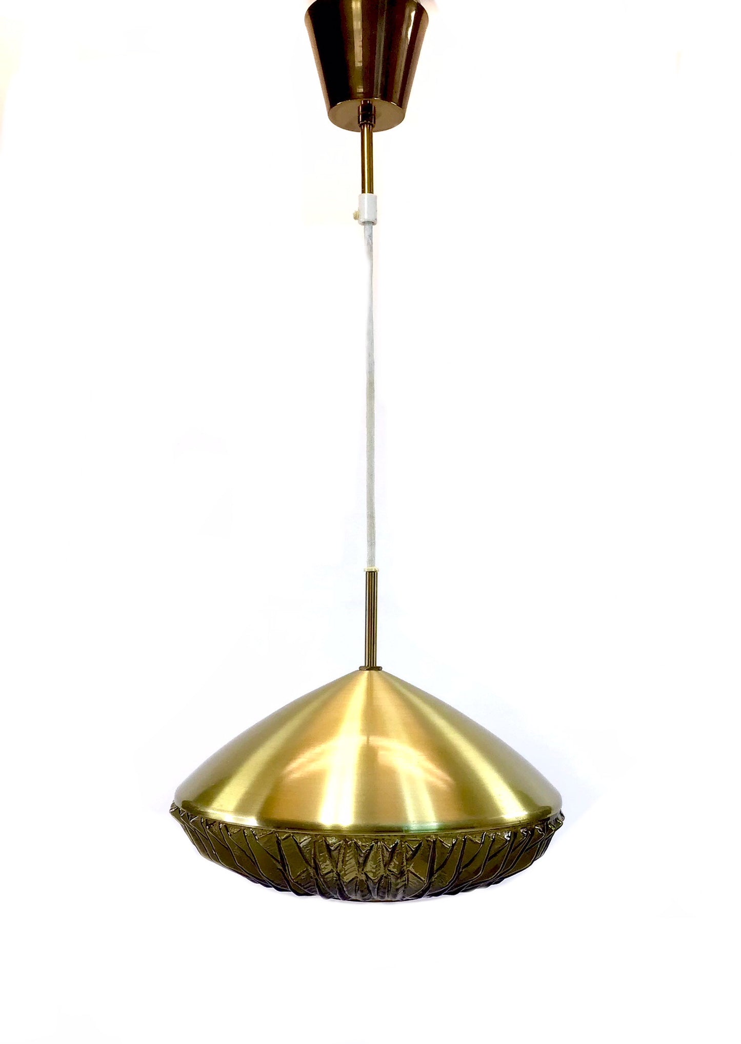 Brass pendant light on a white background