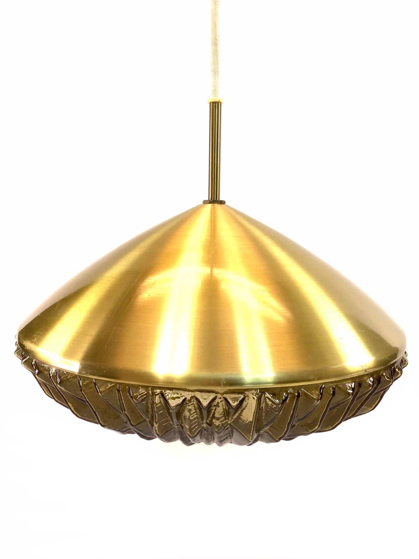 Gold pendant light with textured design on a white background