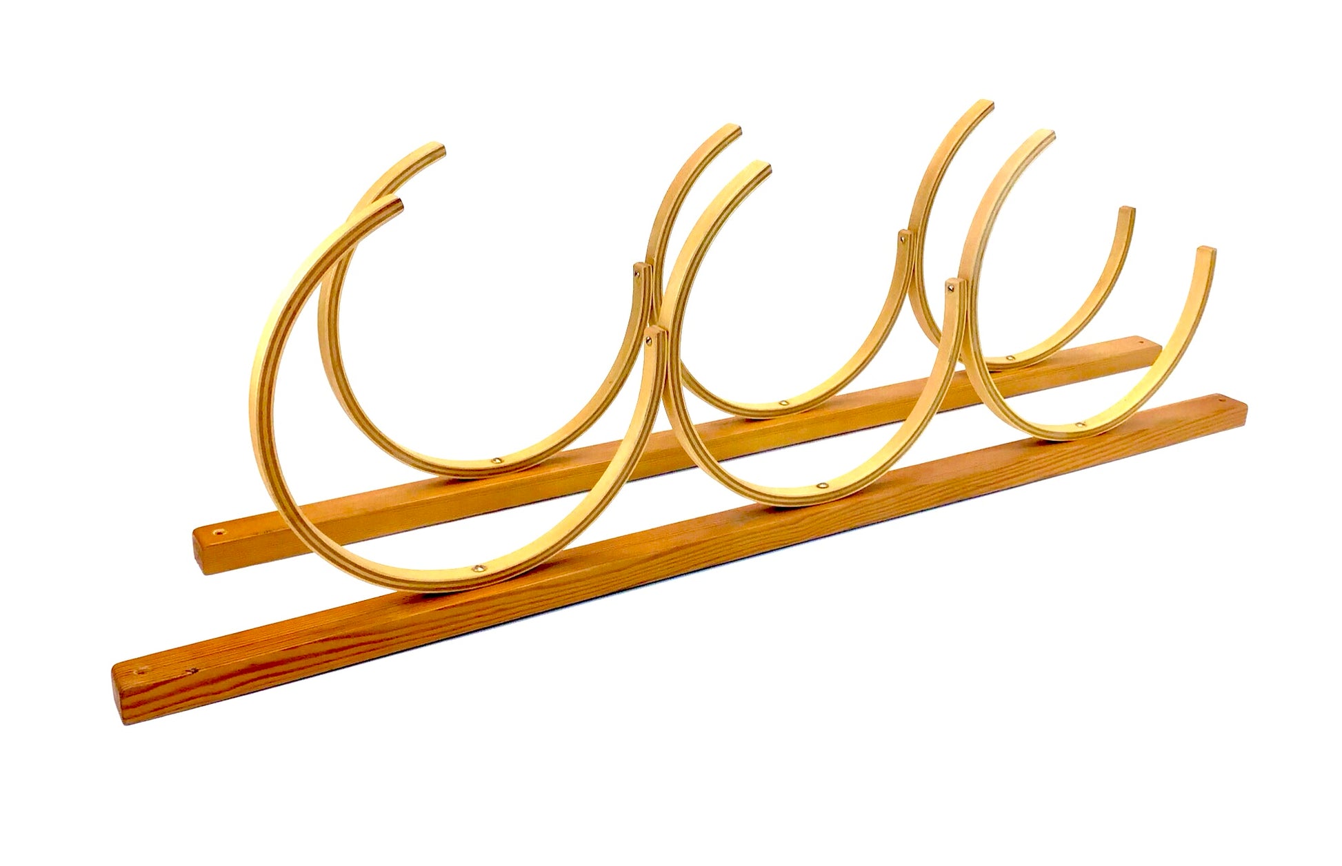 Wooden and gold metal wine glass holder on a white background