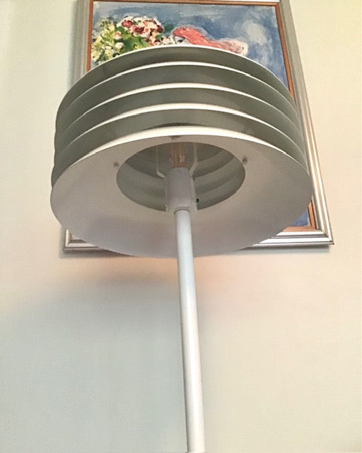 Ceiling light fixture with a white cord against a wall with a framed picture.