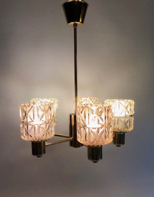 Swedish Modern, Ceiling Lamp. 1950/ 1960s, 5 Light Points, Frame in Brass and Glass