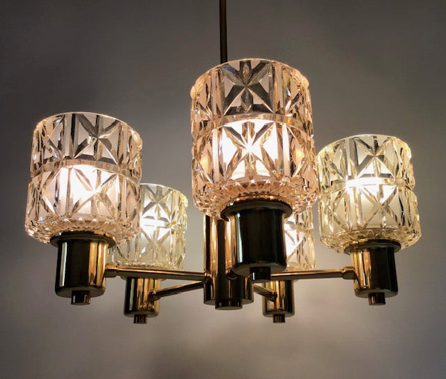 Swedish Modern, Ceiling Lamp. 1950/ 1960s, 5 Light Points, Frame in Brass and Glass