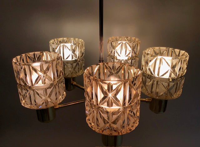 Swedish Modern, Ceiling Lamp. 1950/ 1960s, 5 Light Points, Frame in Brass and Glass
