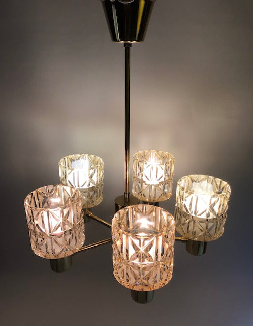 Swedish Modern, Ceiling Lamp. 1950/ 1960s, 5 Light Points, Frame in Brass and Glass