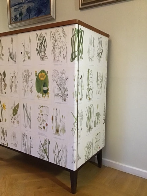 Cabinet with botanical pattern on a white wall