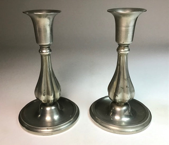 A Pair, of Art Deco Sylvia Stave Candlesticks Pewter, CG Hallberg (Sweden, 1940)