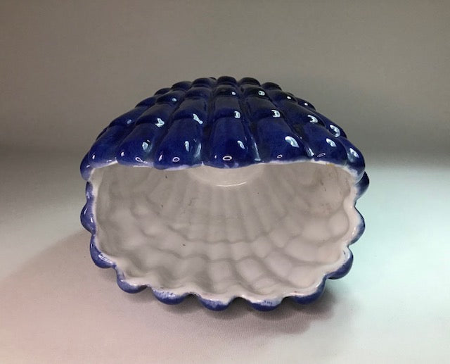 Ceramic shell-shaped container with blue top and white bottom on a plain background